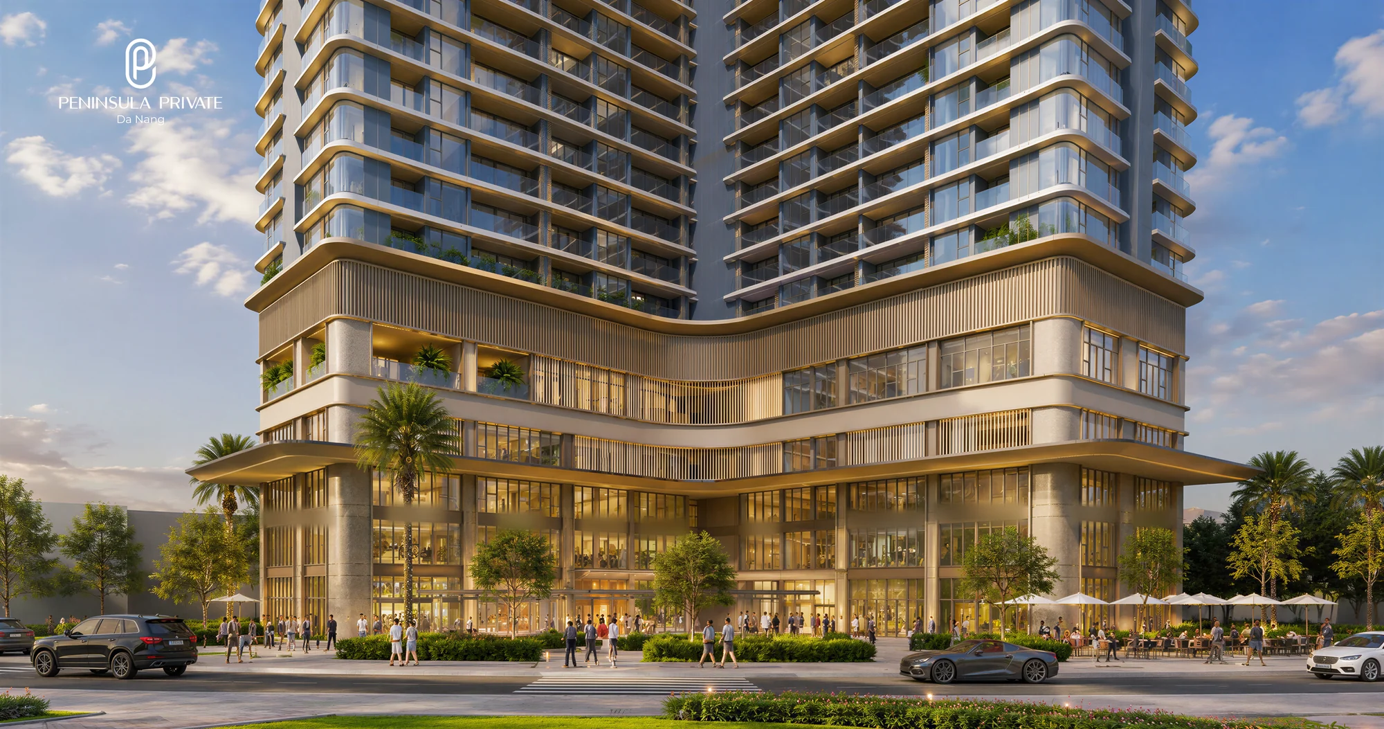 Phối cảnh khối đế năm tầng tiện ích và tuyến phố thương mại Peninsula Private Đà Nẵng