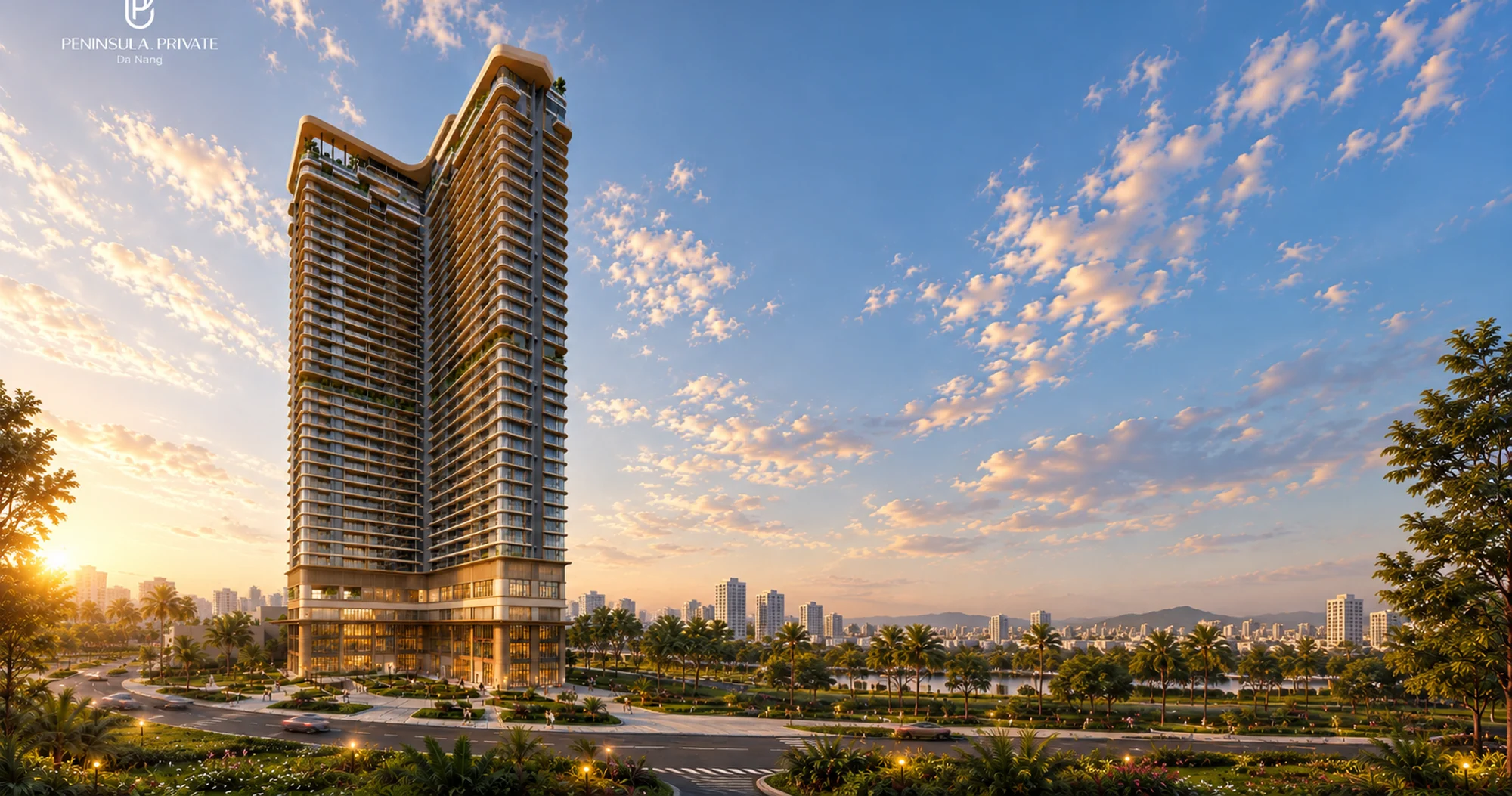 Phối cảnh toàn cảnh Peninsula Private Đà Nẵng lúc hoàng hôn, nhìn về phía sông Hàn và trung tâm thành phố