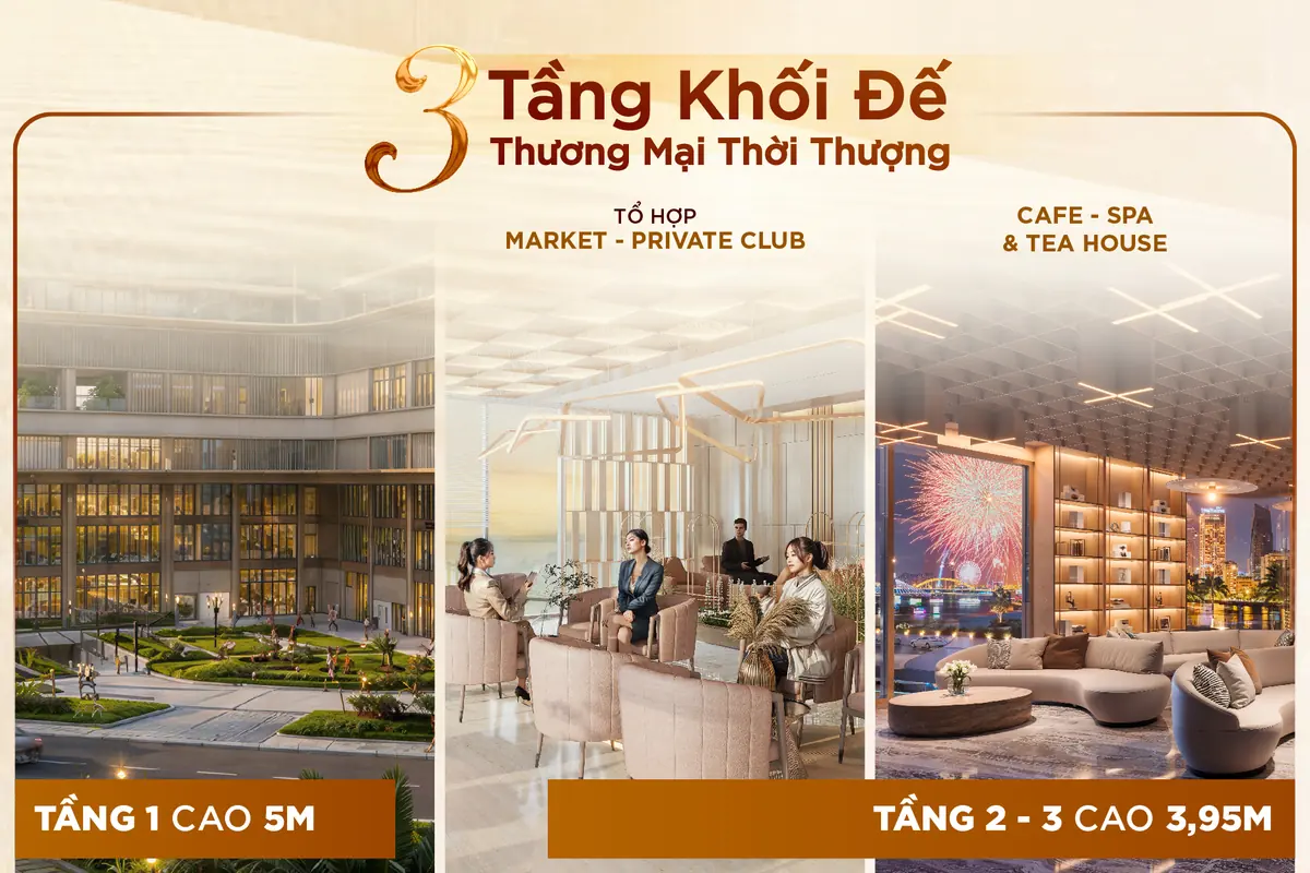 Ba tầng khối đế thương mại của Peninsula Private Đà Nẵng, tầng 1 cao 5 m và tầng 2–3 cao 3,95 m