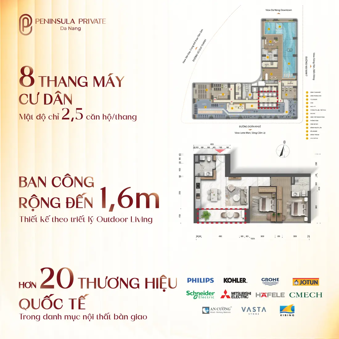 Tám thang máy cư dân, mật độ 2,5 căn hộ mỗi thang và ban công rộng đến 1,6 m tại Peninsula Private Đà Nẵng