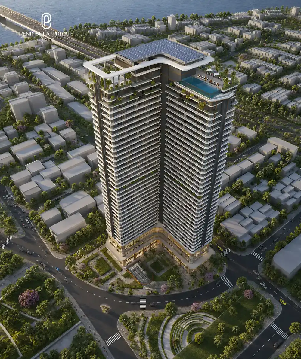 Tháp Peninsula Private Đà Nẵng nhìn từ trên cao, bốn mặt tiền giữa khu phố Hoà Cường