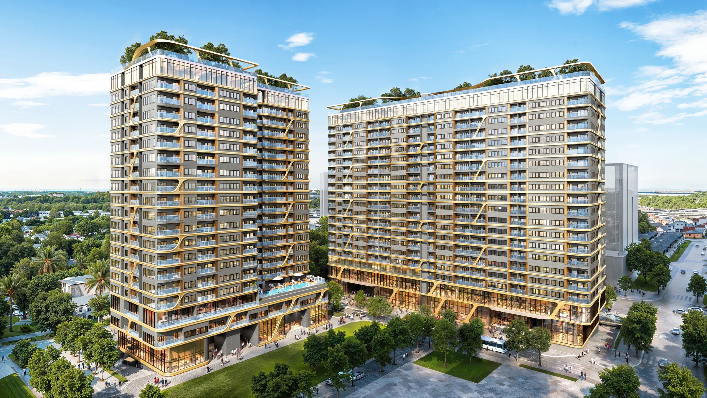 Mặt đứng hai tháp Mira và Embassy với các dải ánh kim uốn lượn